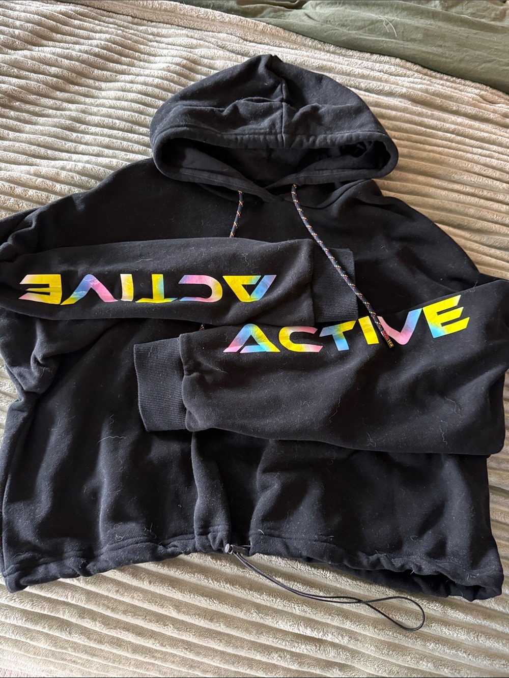 Black Hooded Crop Sweatshirt with Rainbow ' Sleeve Print